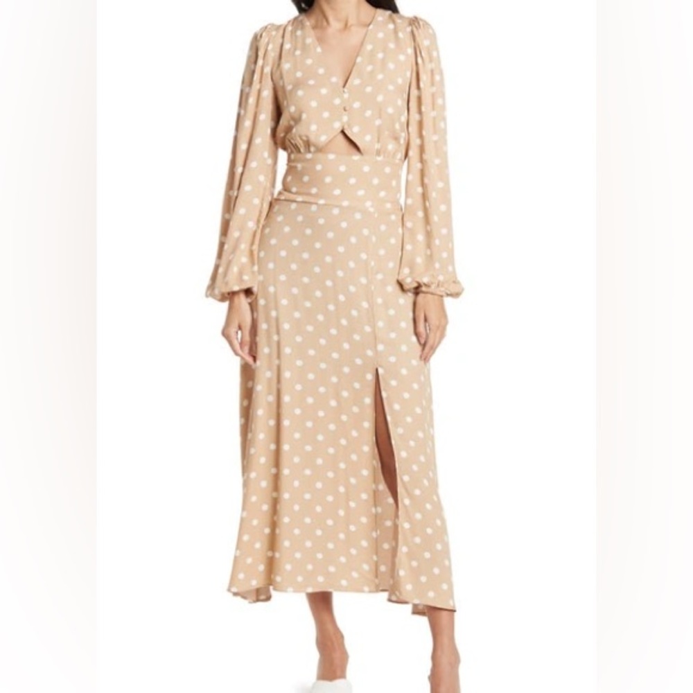 AFRM x Nordstrom Kimmy Bell Sleeve Midi Dress In Sand Polka Dot
